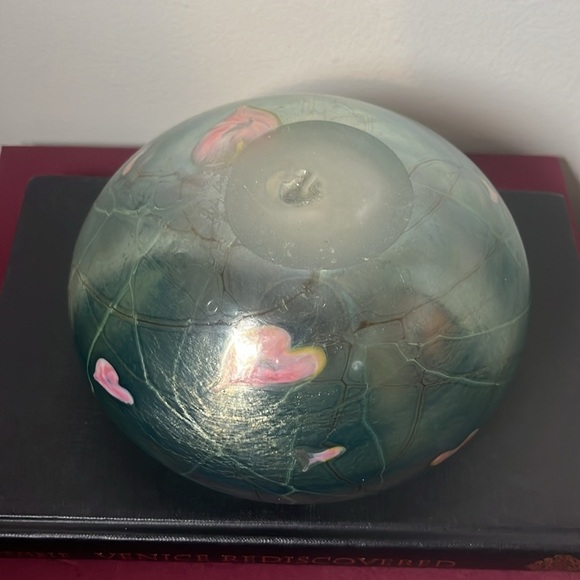 Siddy Langley Iridescent Hanging Hearts 1985 Aqua Blue & Pink Oval Glass Vase - Picture 6 of 8